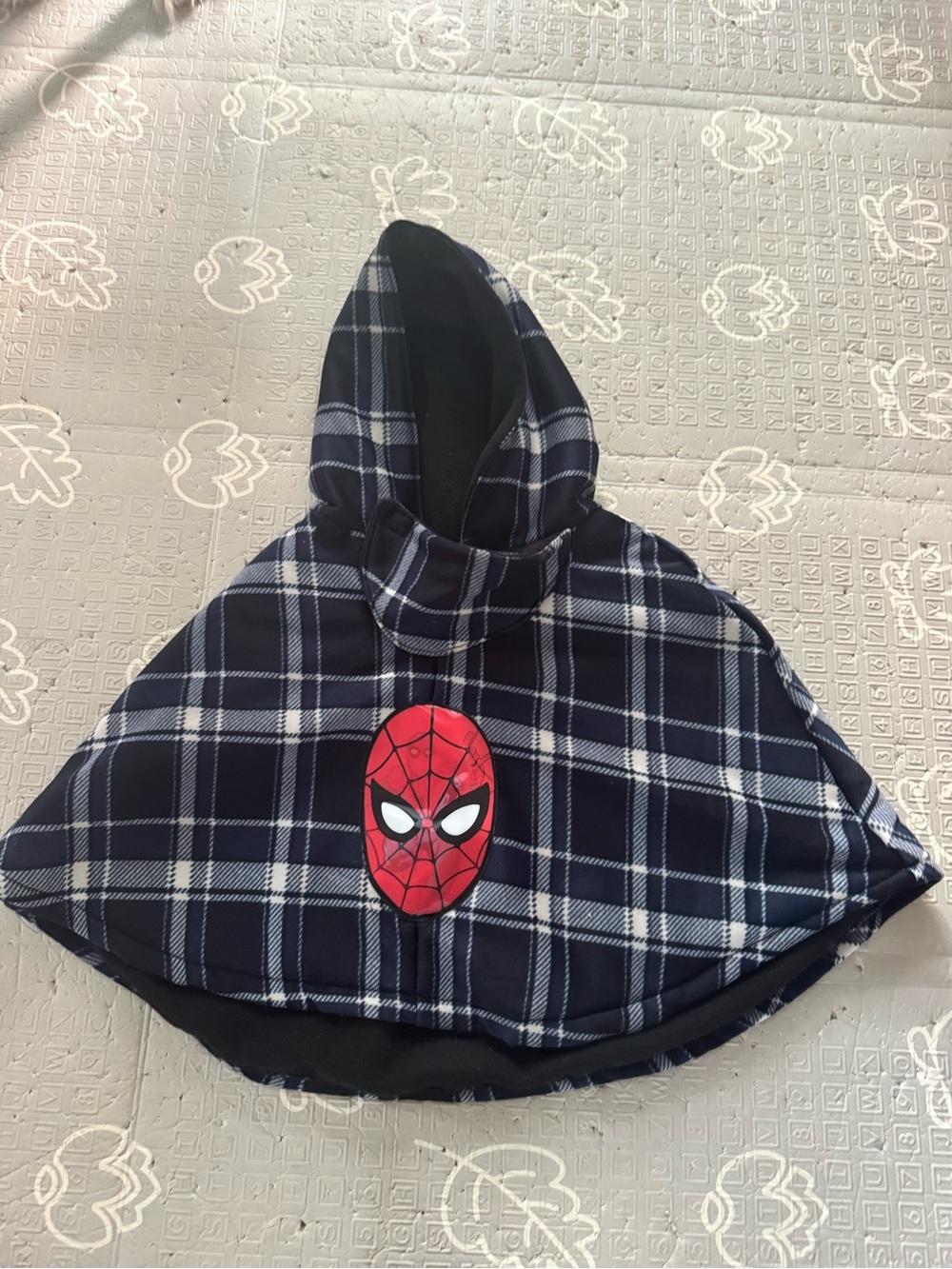 Kids Hooded Poncho with Red Spider Mask Design - Navy Plaid